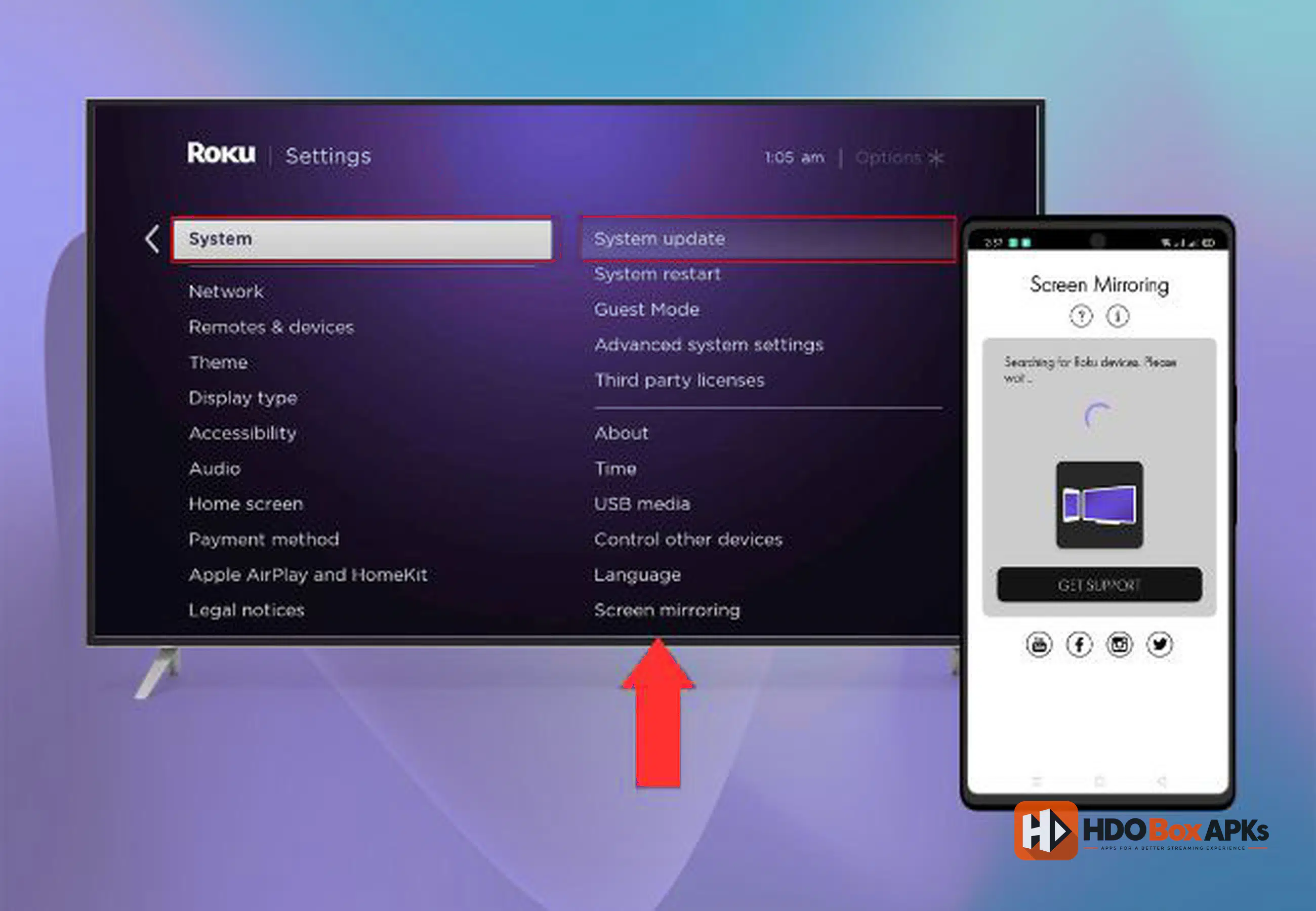 HDO Box on Roku - Screen Mirroring Settings on Roku TV