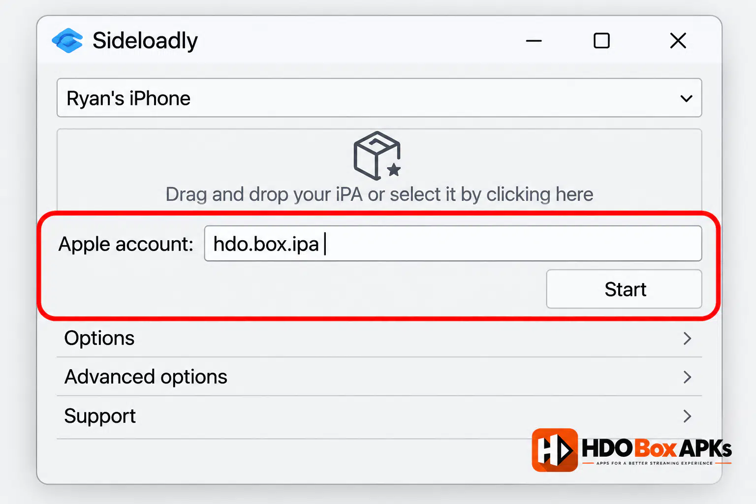Enter Apple ID in Sideloadly for HDO Box on iOS